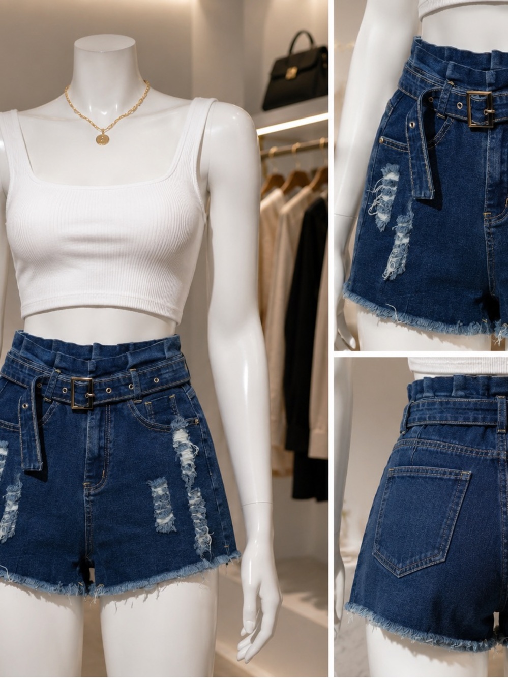 High-Waist Distressed Denim Shorts - Blue